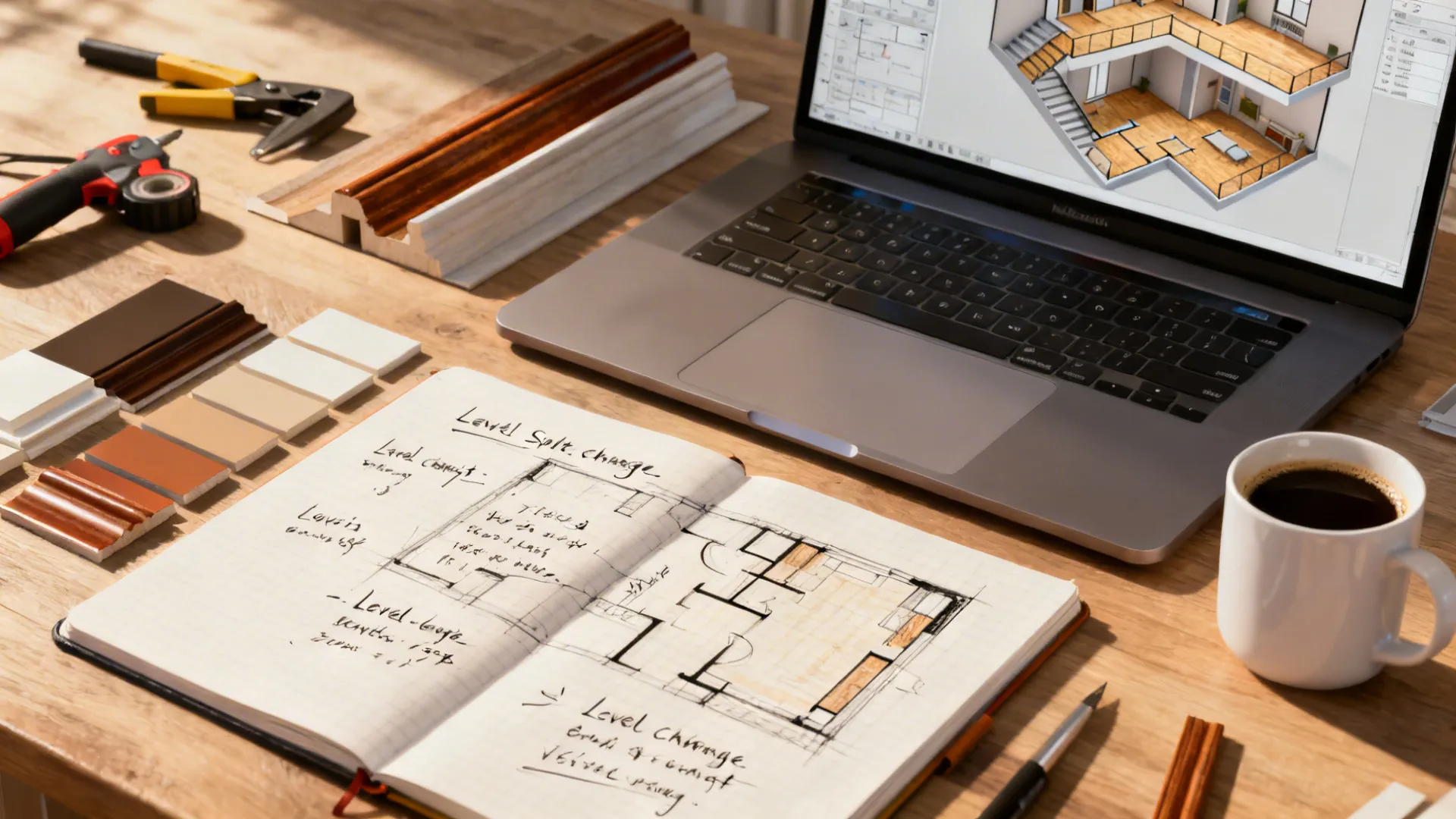 Designer workspace with laptop showing house plan drawing, sketchbook, color samples, coffee, and small tools