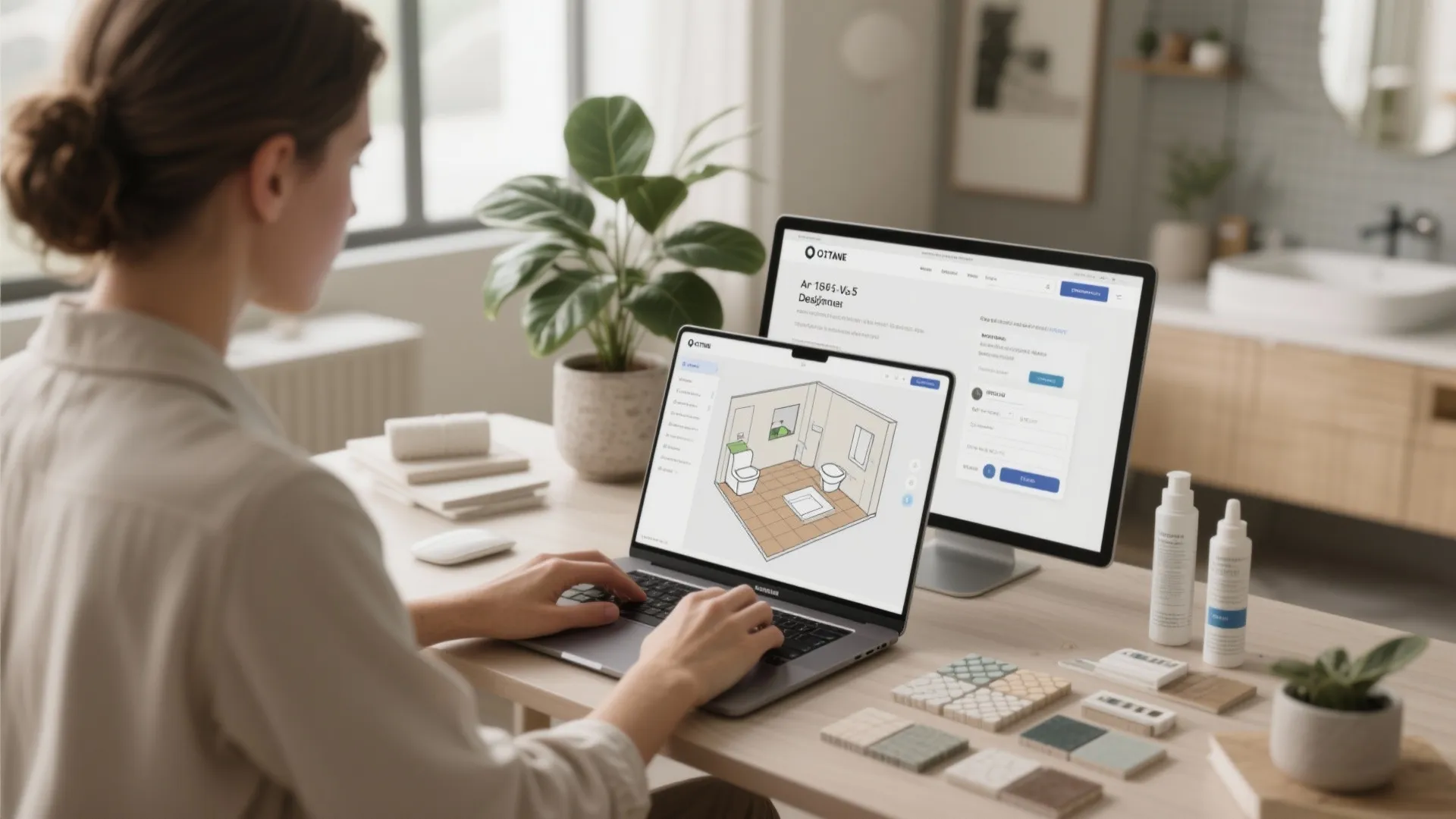 Designer using laptop and monitor to create 3D bathroom layout with material samples on the desk