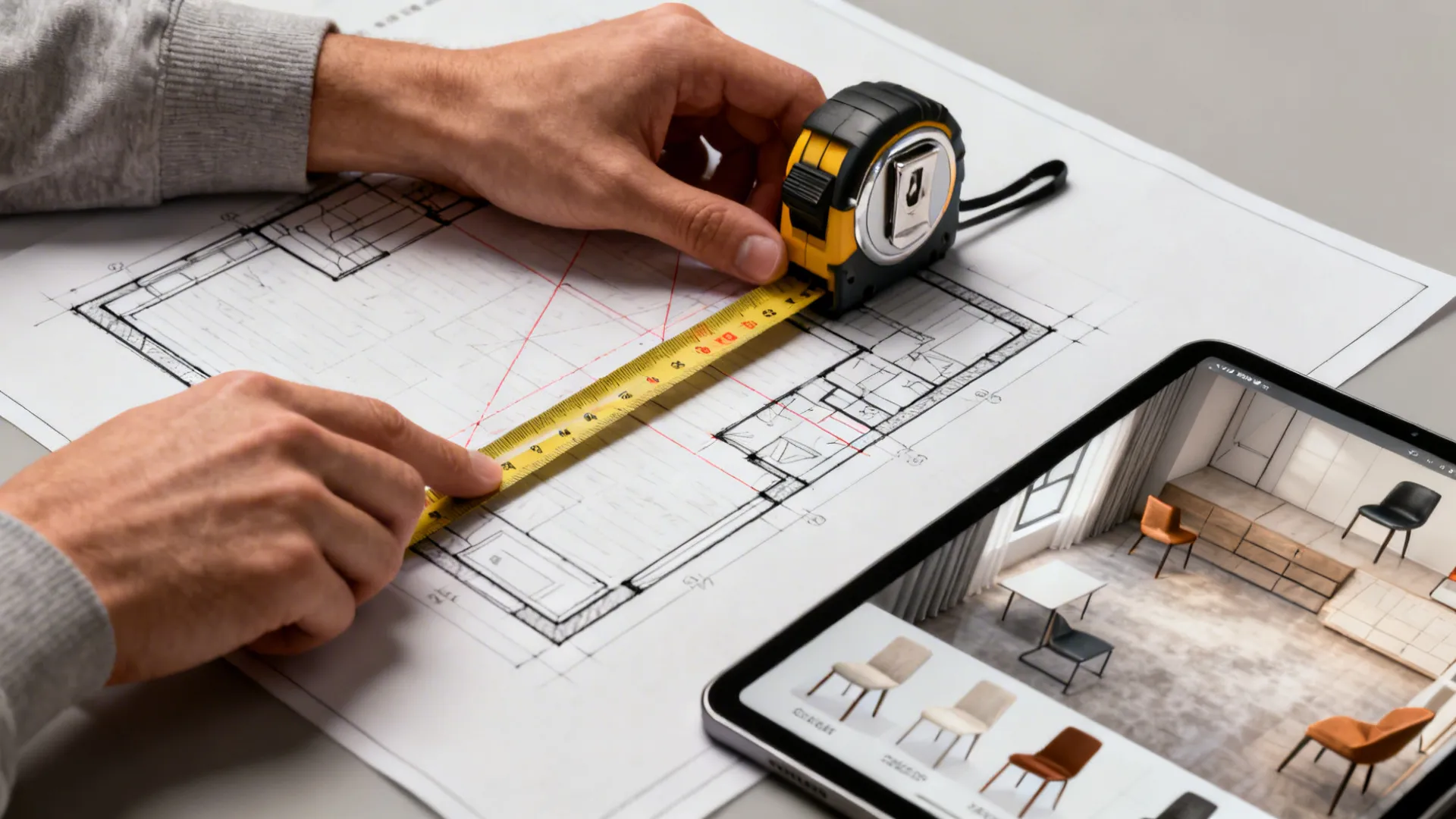 Designer measuring sightlines and testing chair scale on a room planner tablet.
