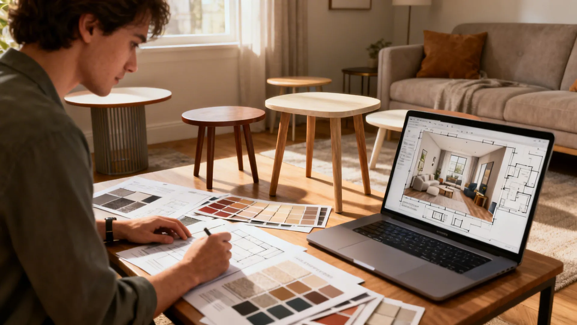 Man sitting at table with laptop showing interior design drawing next to various color swatches