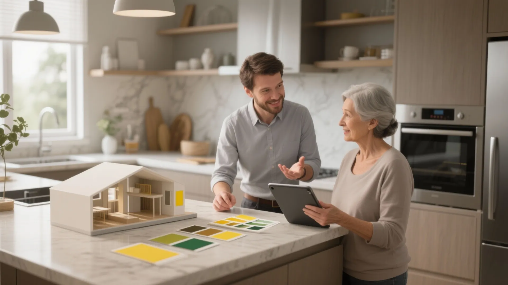 Designer and homeowner reviewing yellow and green swatches and a 3D kitchen model on a tablet.