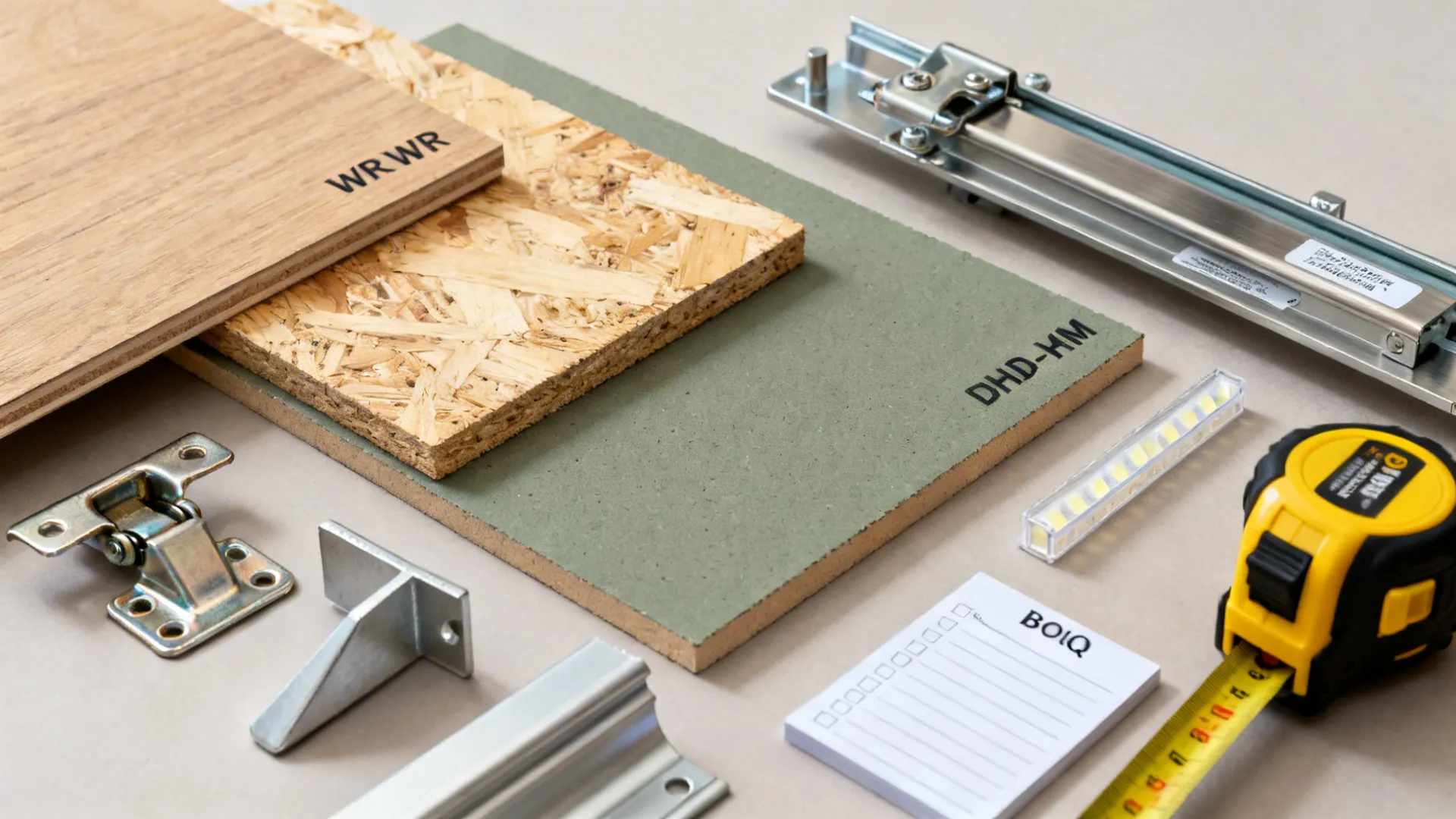 Flat lay of materials and hardware for shortlisting modular kitchen designers: boards, runners, and skirting.