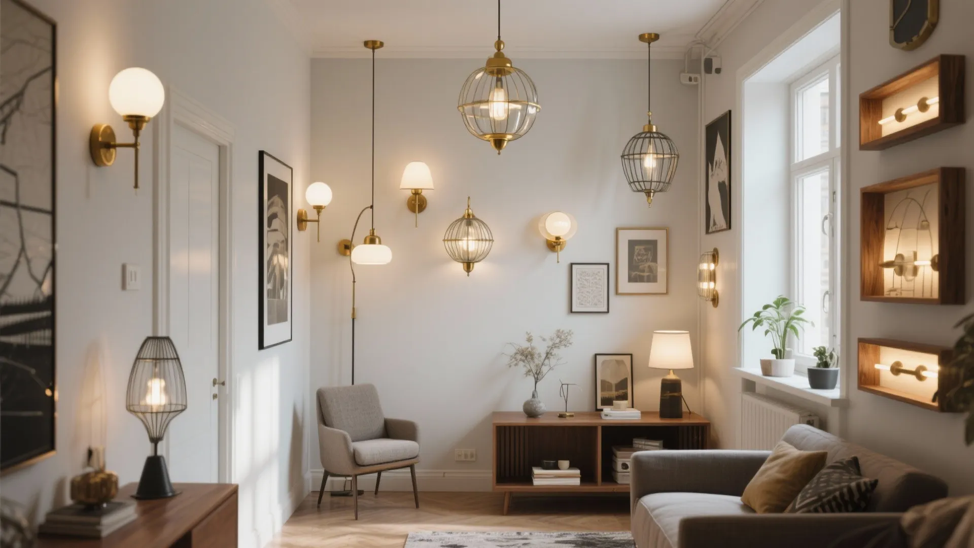 Bright living room with many wall lights and ceiling lights on white walls near chair