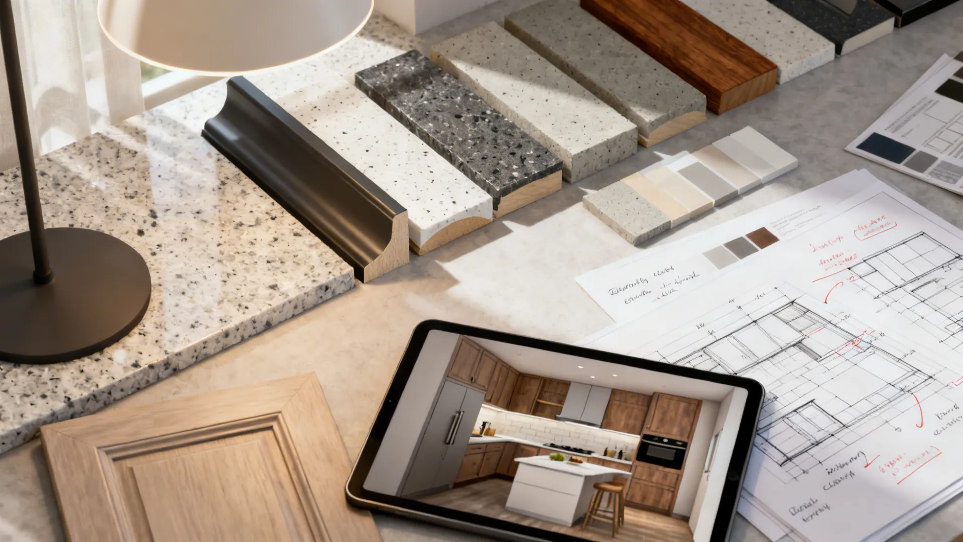 Designer desk with countertop edge samples, material swatches and a 3D planner tablet