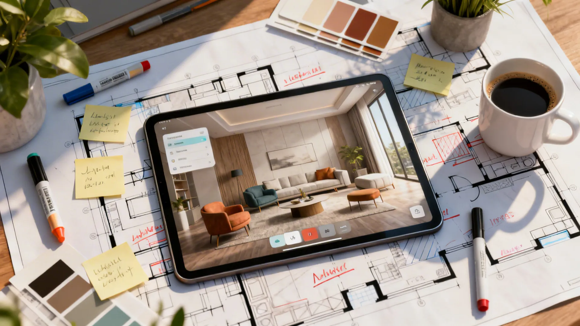 Top-down view of a room planner workflow with floor plan, tablet and paint chips.