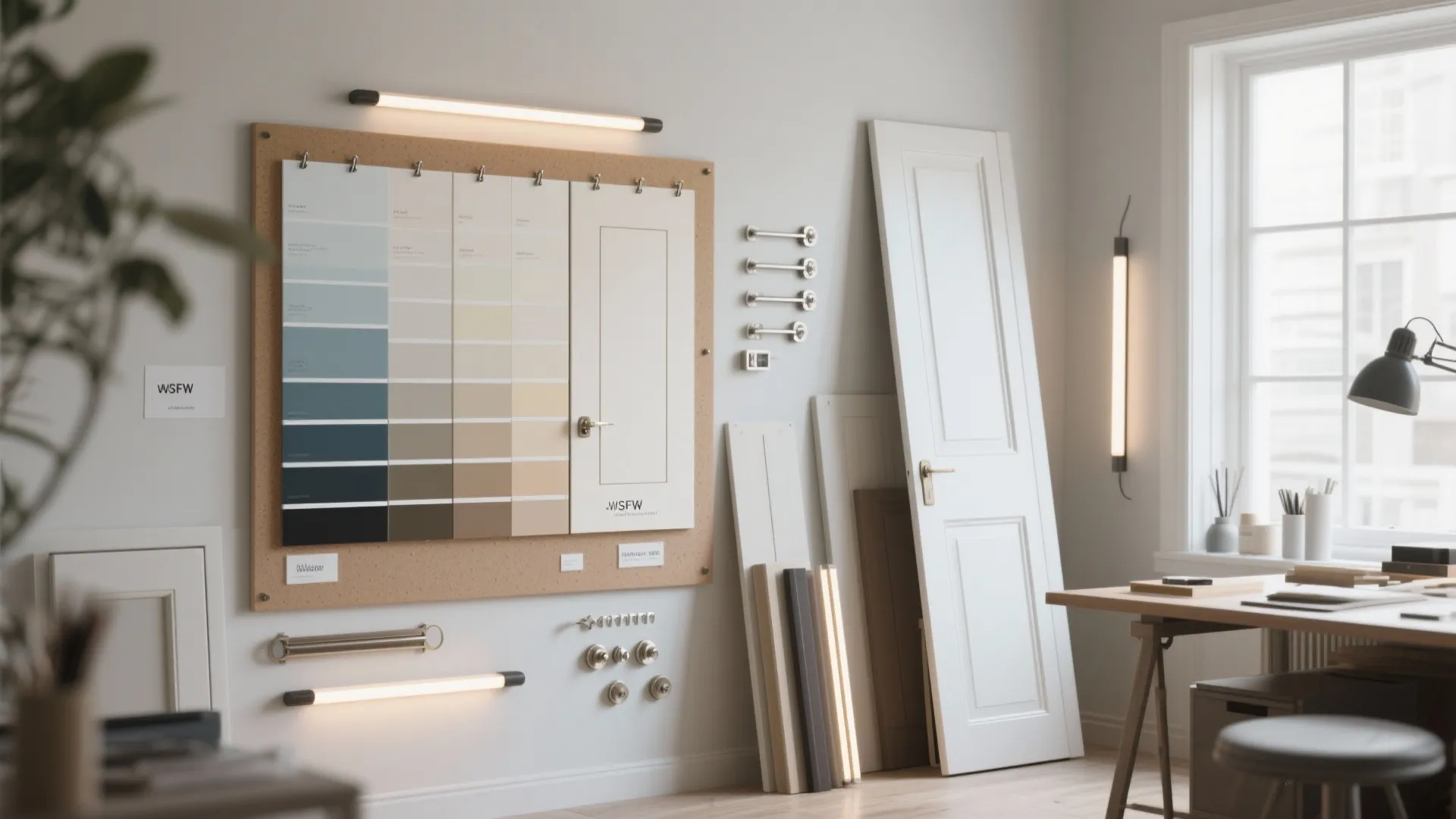 Designer workspace featuring color swatches door samples wall lights desk with lamp and wood office chair