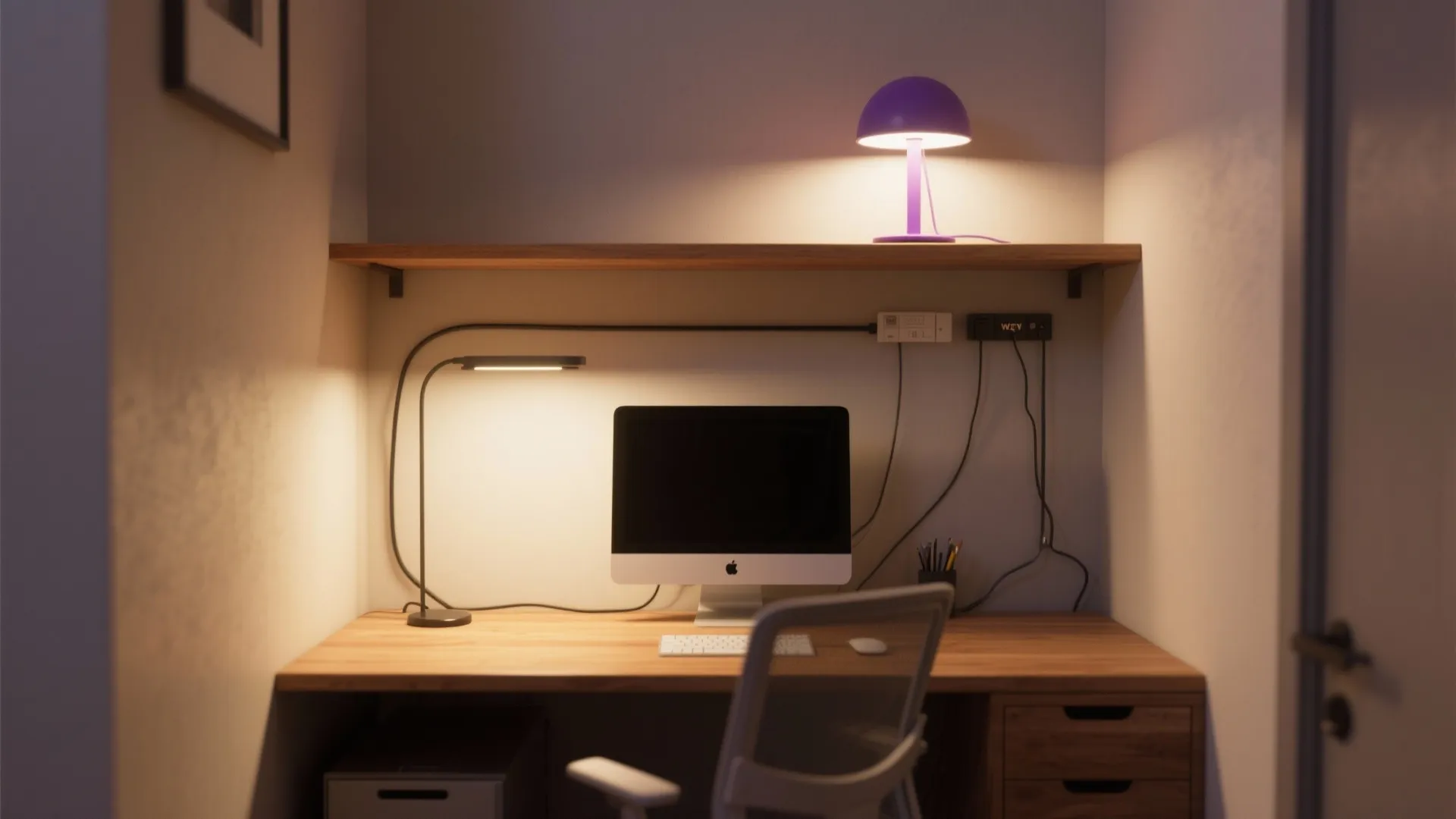 Home office workspace with computer monitor black desk light wooden desk and purple lamp above