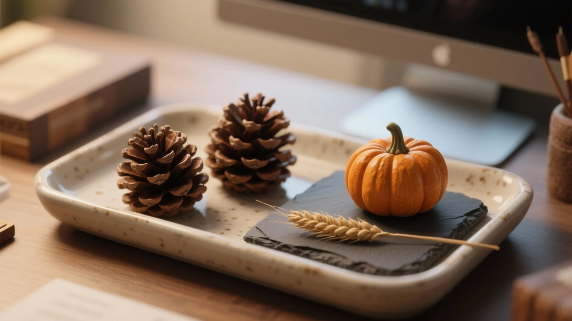 Ceramic tray on desk holding two pine cones a small orange pumpkin and wheat stalk