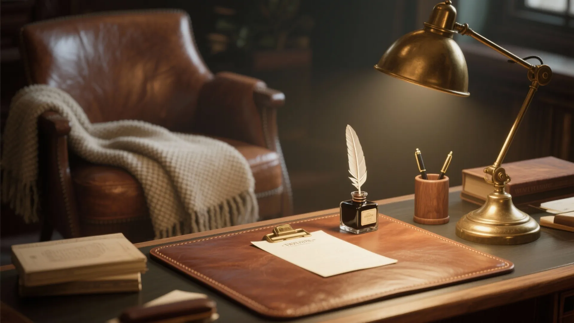 Vintage desk with leather mat and quill pen near a brass lamp and leather chair