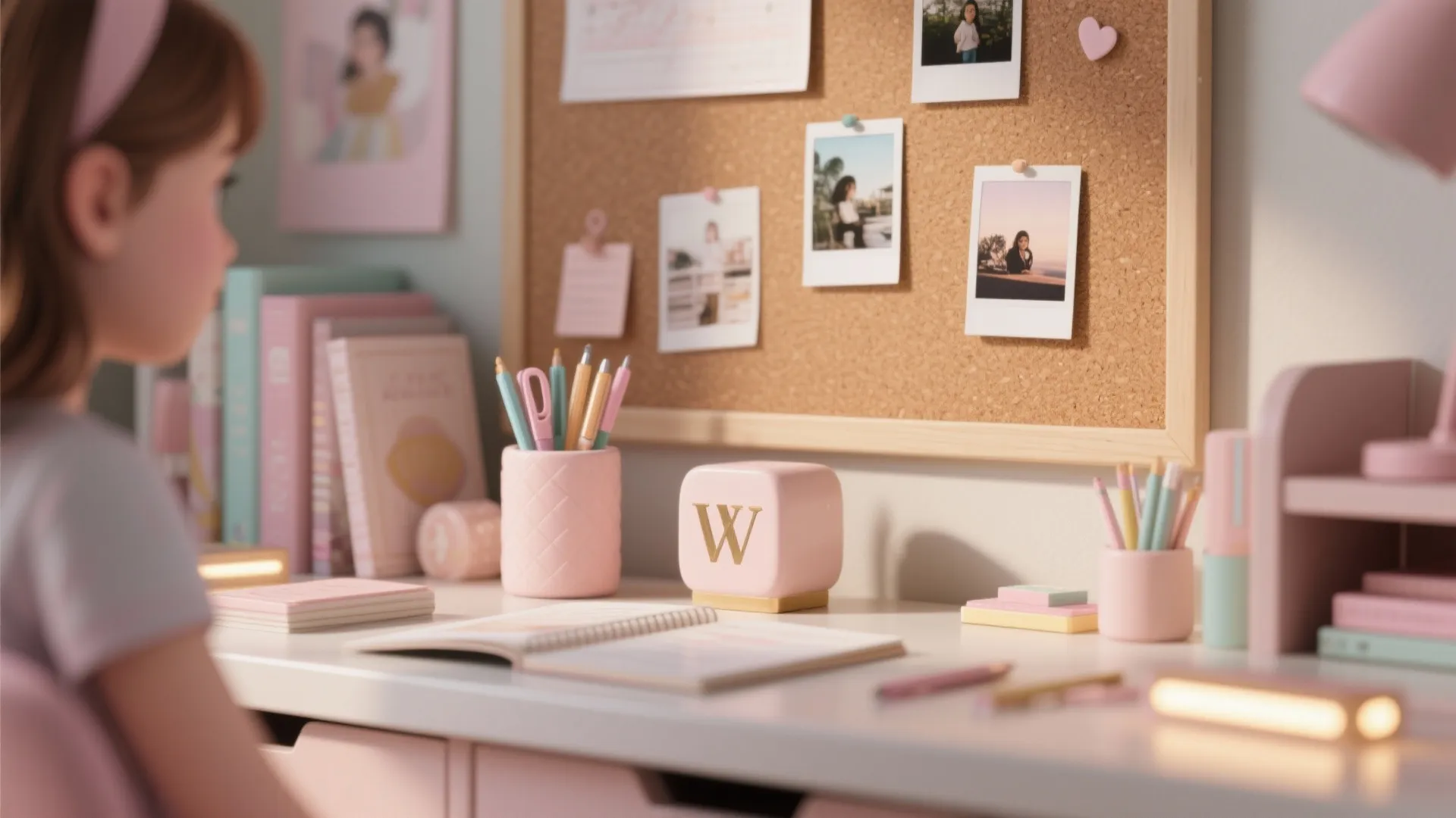 Pink desk accessories with pencil holder notebooks corkboard photos and small pink cube with letter W