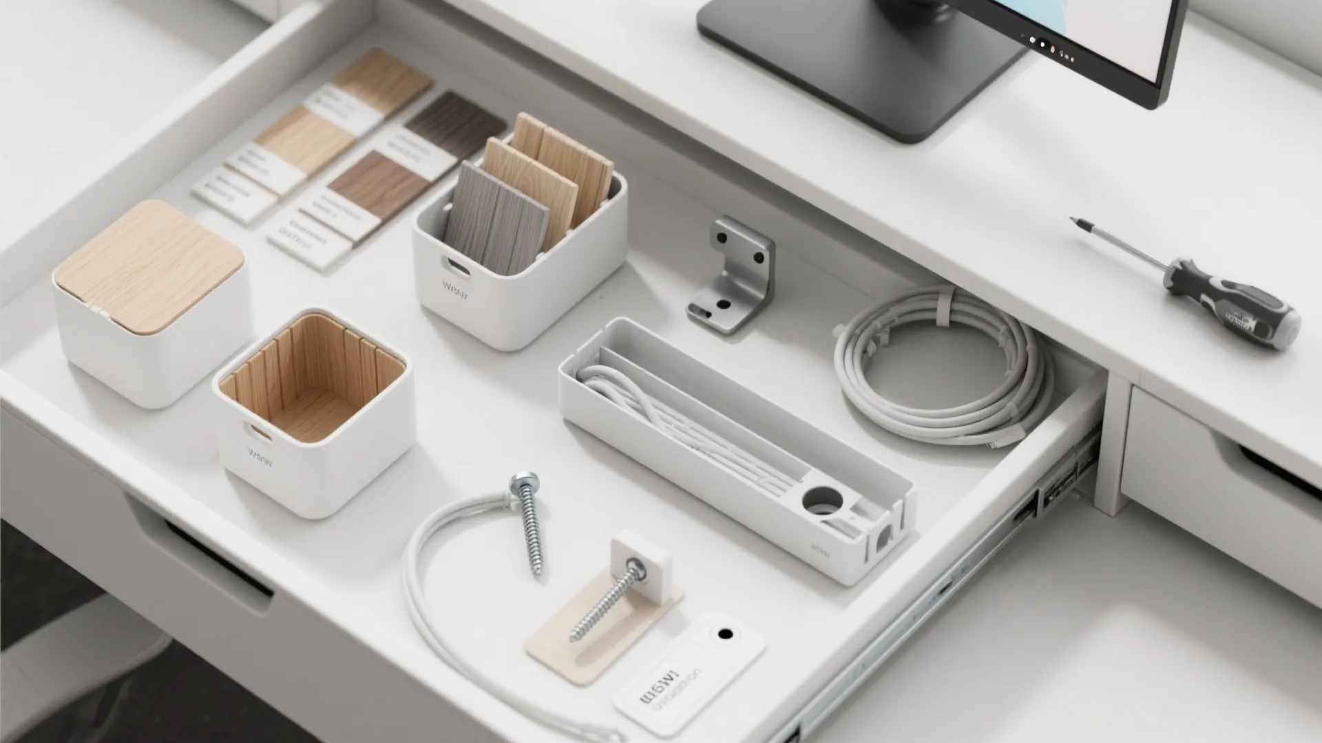Organized white desk drawer containing small storage boxes wood samples cables and some metal tools