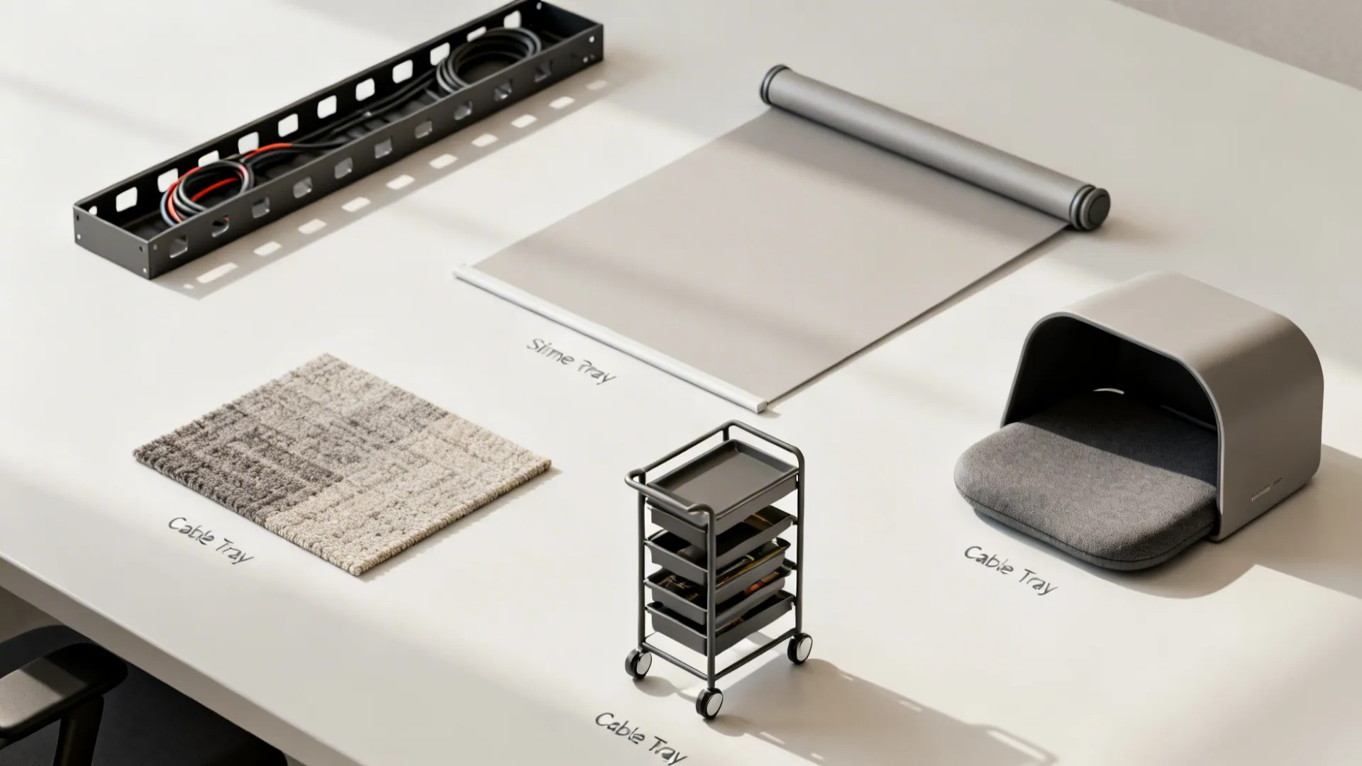 Flatlay of desk accessories: cable tray, roller blind sample, rug swatch, and monitor hood.