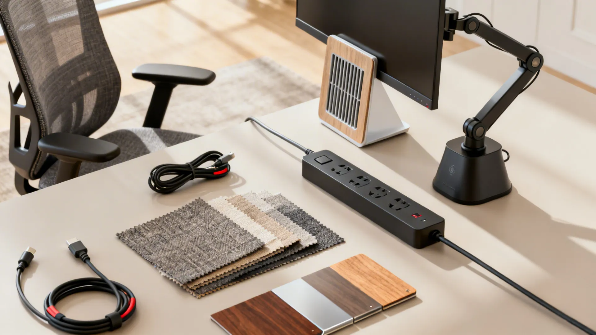 Flatlay of desk accessories: cable organizers, power strip, monitor arm and material swatches.