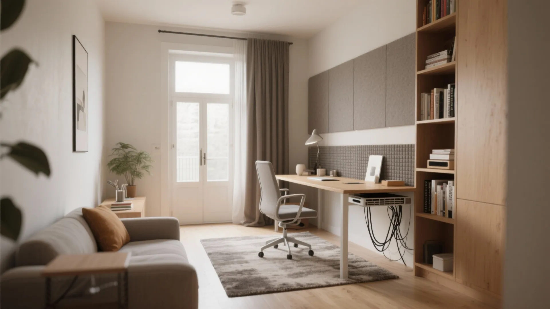 Small room with desk placed to face into the room, rug, curtains, bookshelf buffer and a compact acoustic screen for noise control.