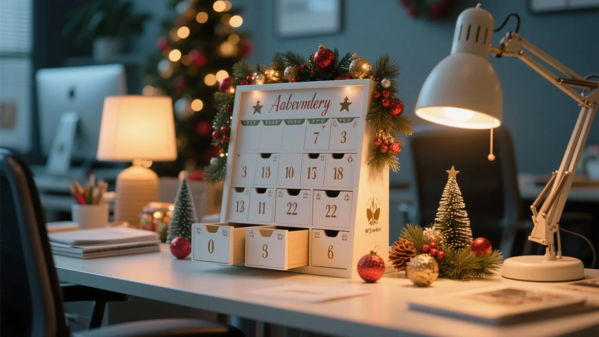 Wooden advent calendar on a white office desk with table lamps and small christmas trees