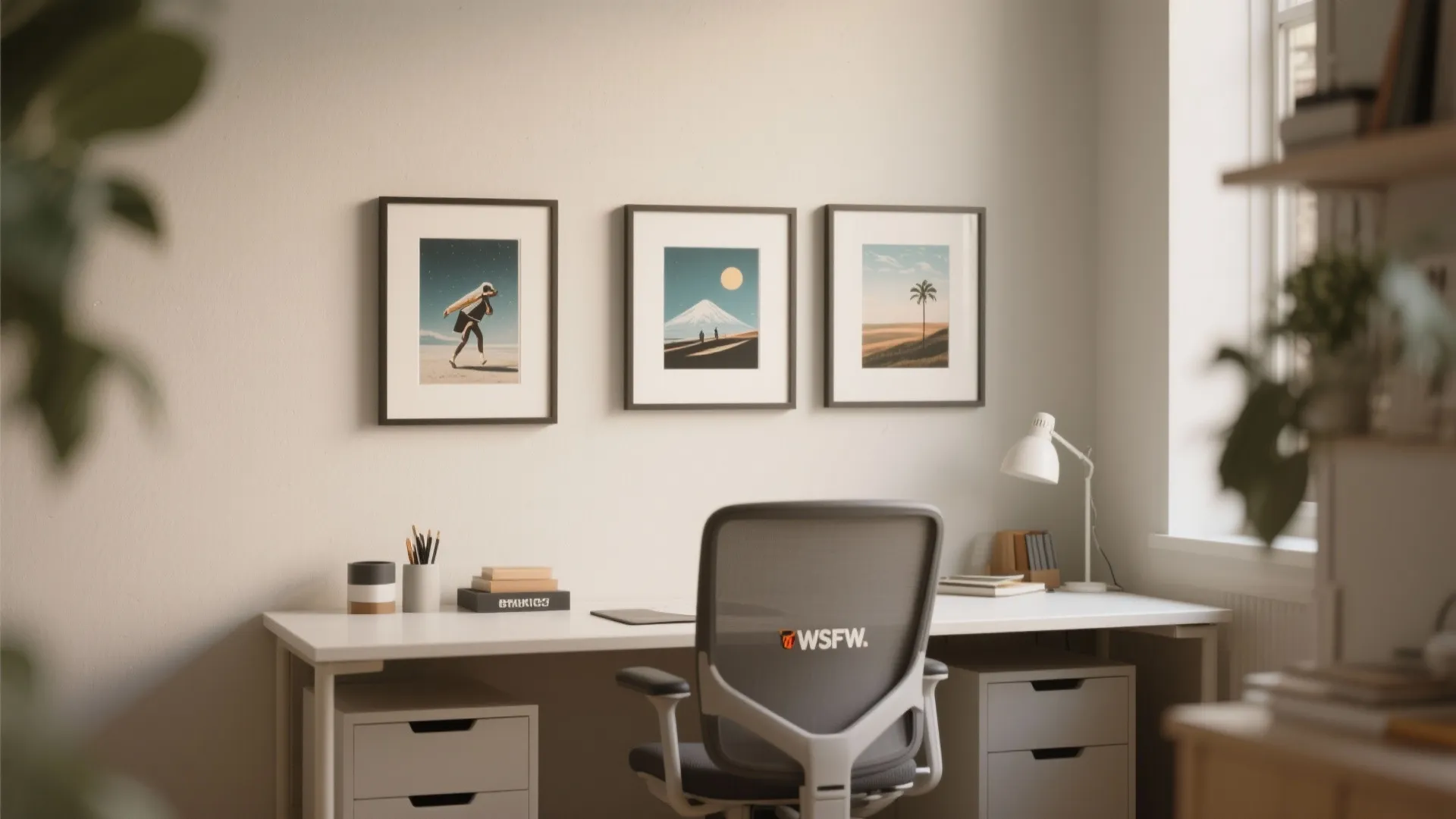 Modern home office with three framed art prints, white desk, grey chair, and white lamp