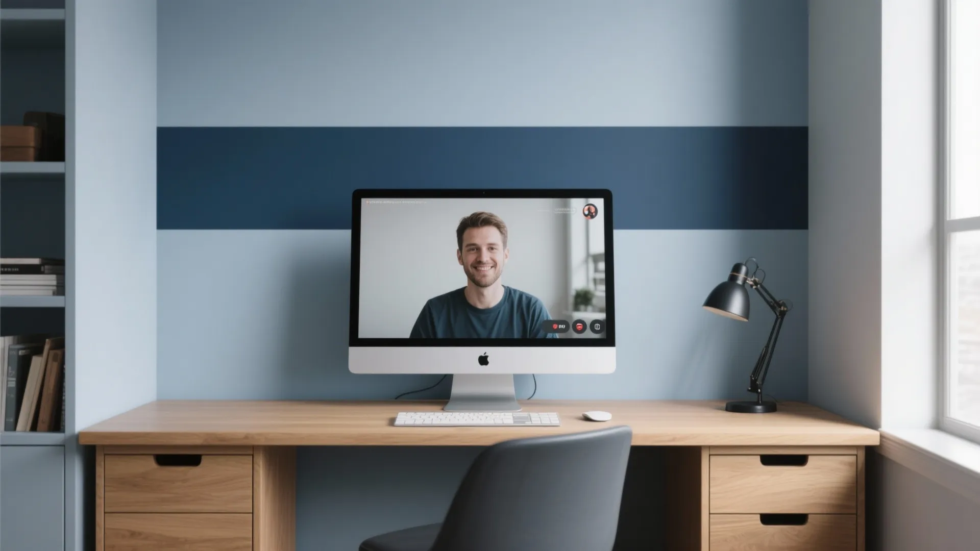 2) Framing Band Behind the Desk (Camera‑Ready)