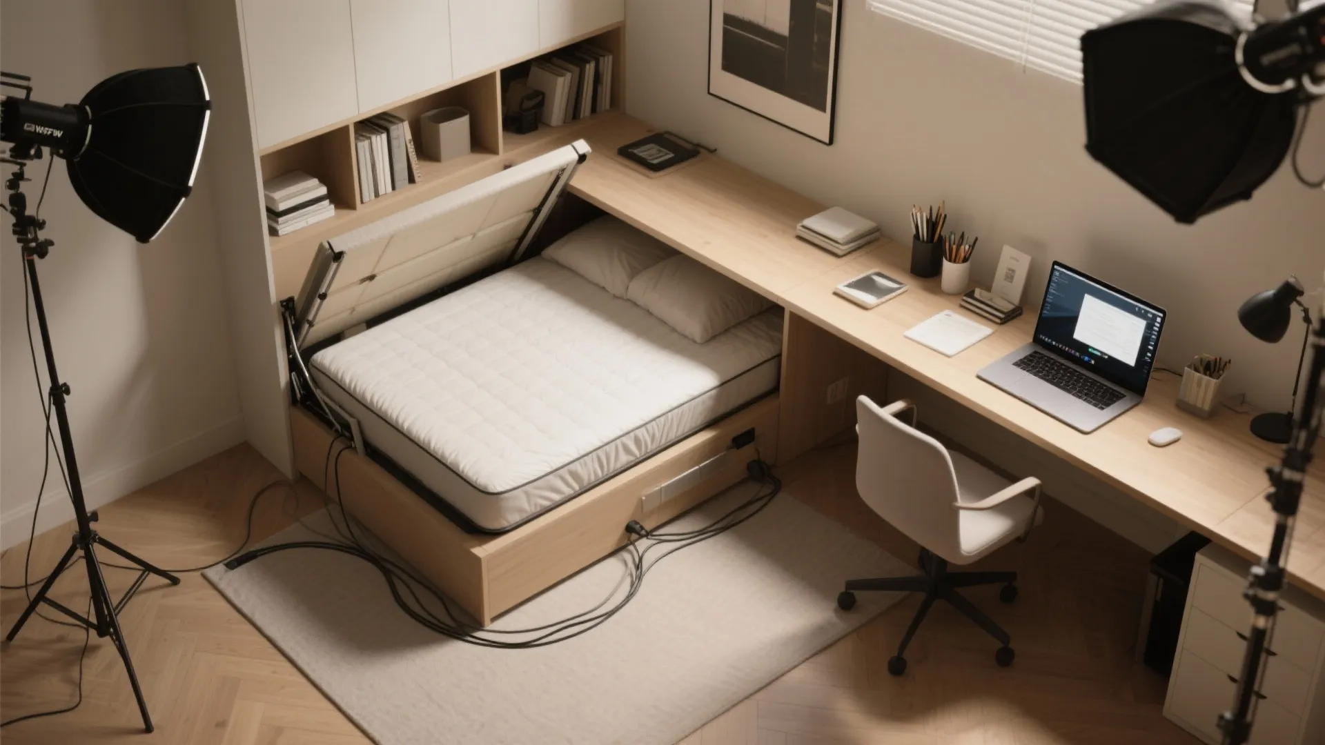 Wood desk with laptop and chair beside a storage bed being opened for extra space