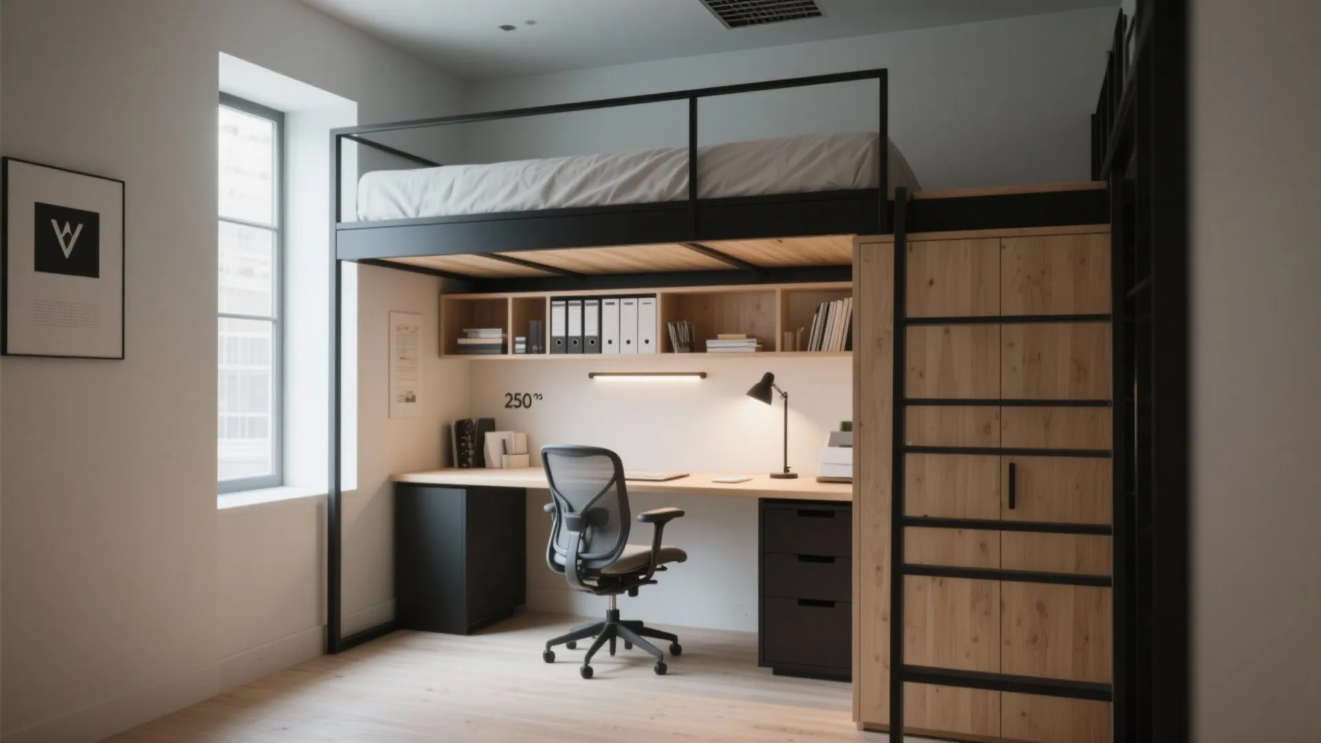Work-from-home loft showing a sliding desk under the bed with task lighting and upper shelves.