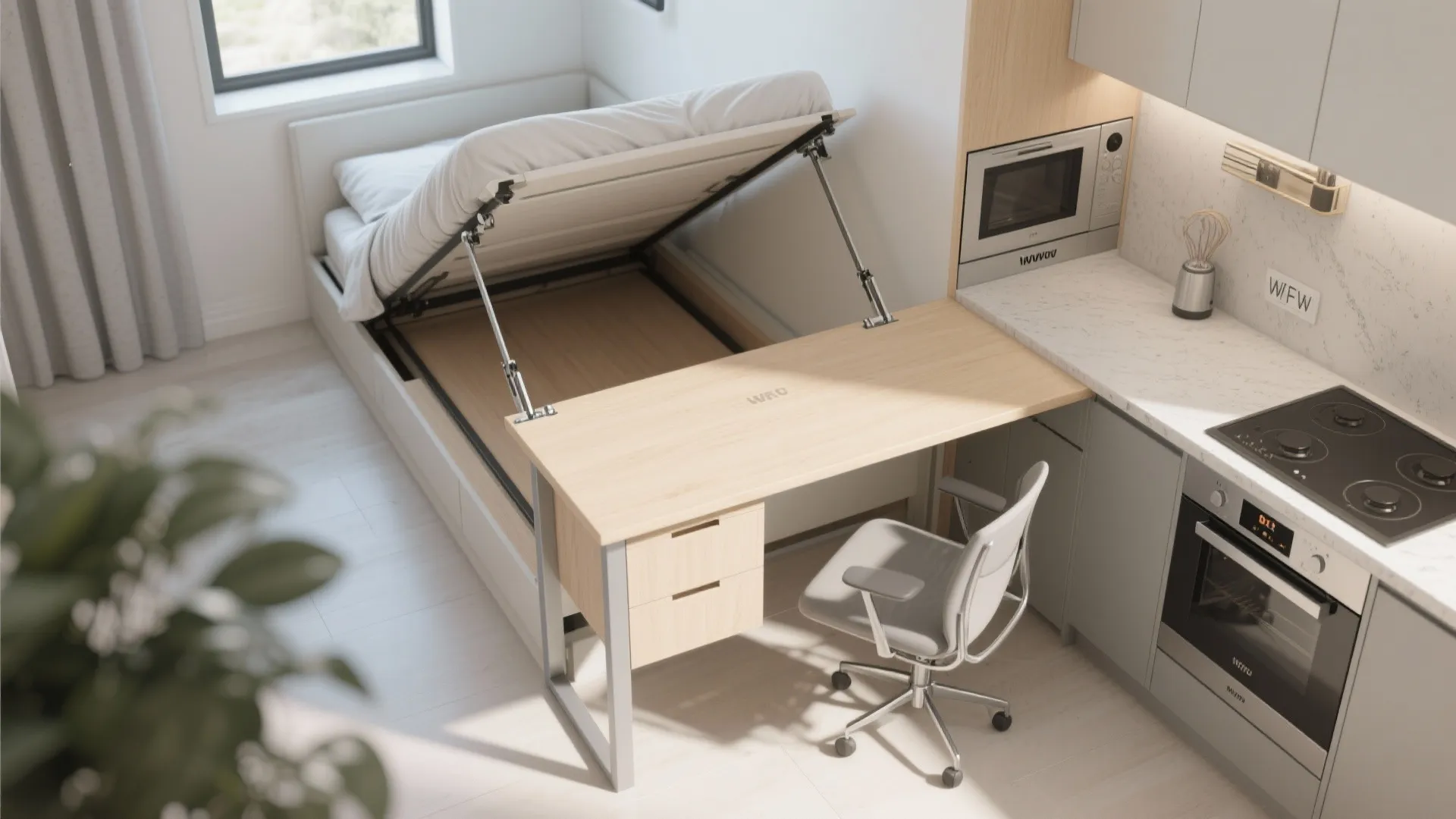 Space saving furniture with a lifting bed attached desk chair and small kitchen in studio