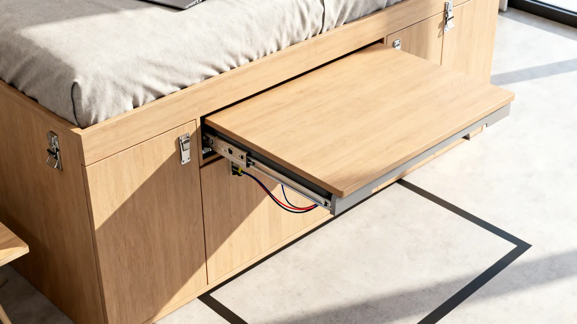 Pull out wooden desk extending from a bed frame with a mattress on light floor
