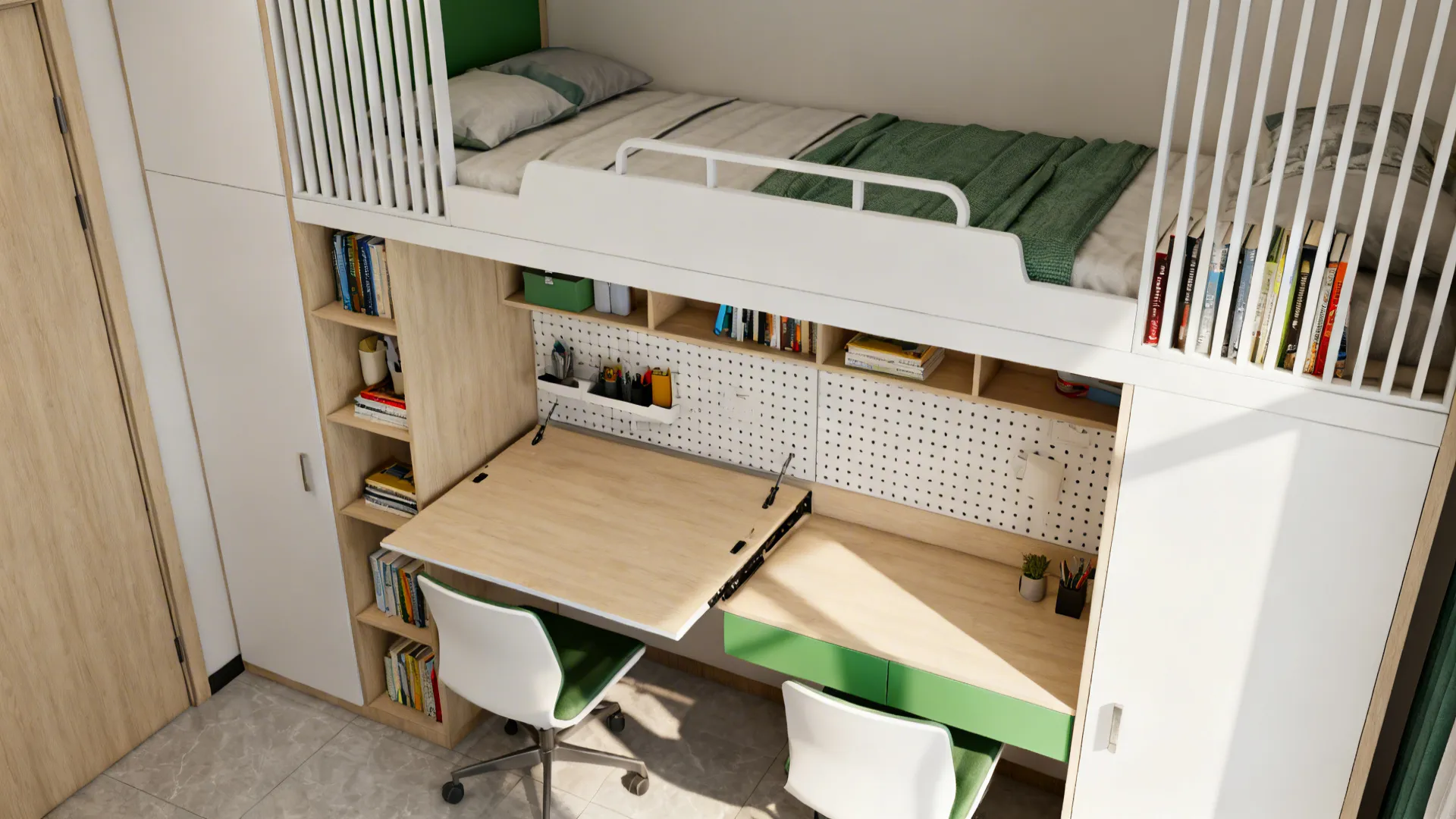 Combined desk and upper bed with vertical shelving and fold-down desk leaf in a small room.
