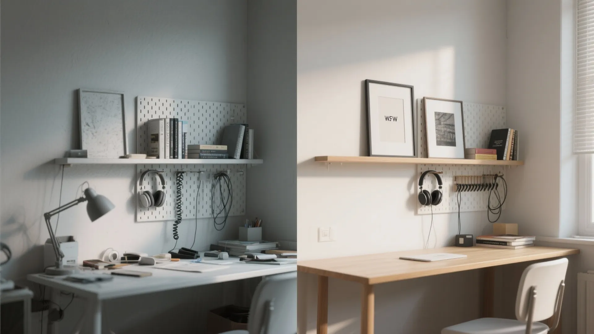 Before and after comparison showing messy desk transforming into clean organized wooden office with shelf
