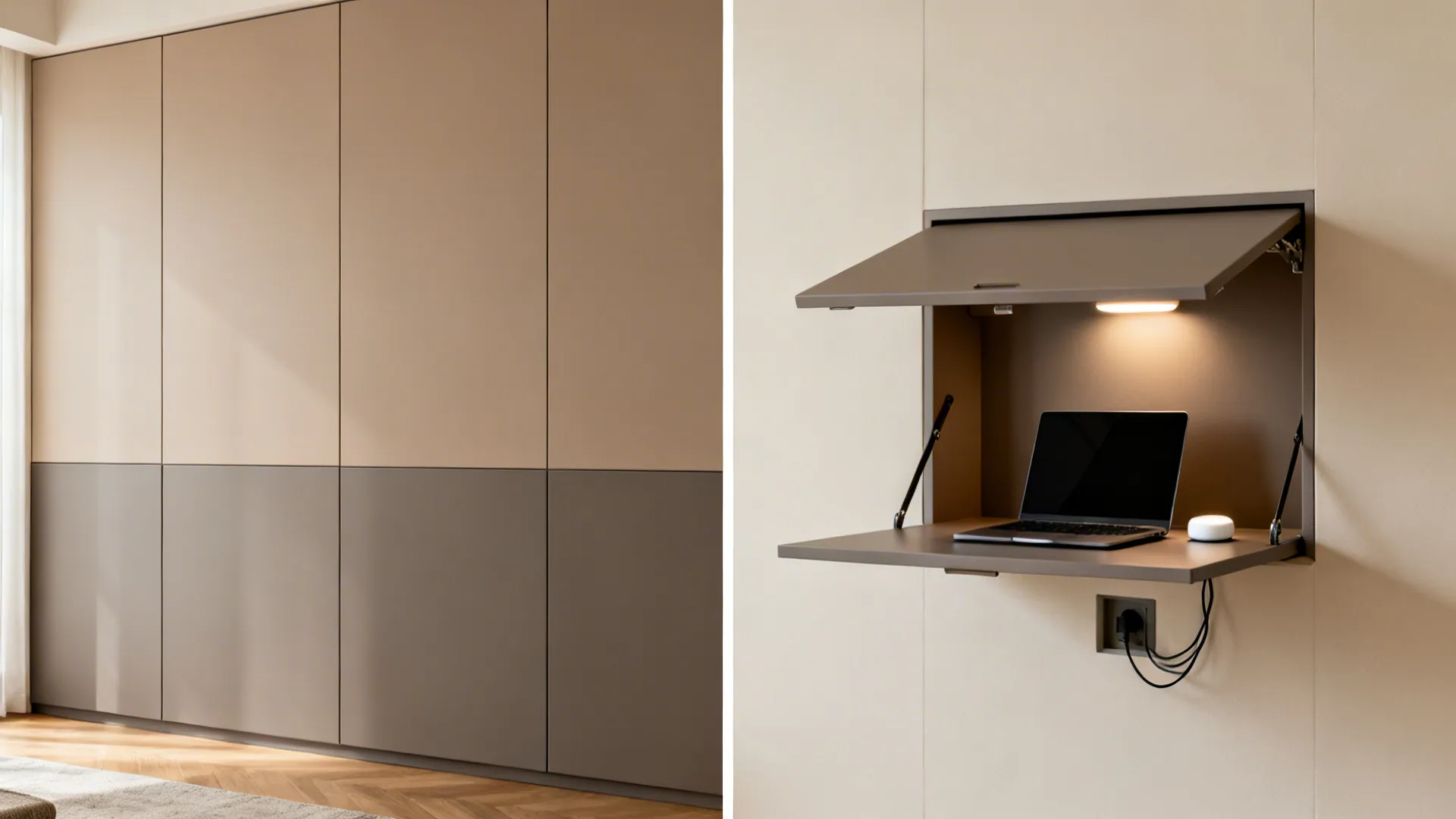 Before-and-after of a color-blocked cabinet wall closed and then opened to reveal a fold-down desk niche.