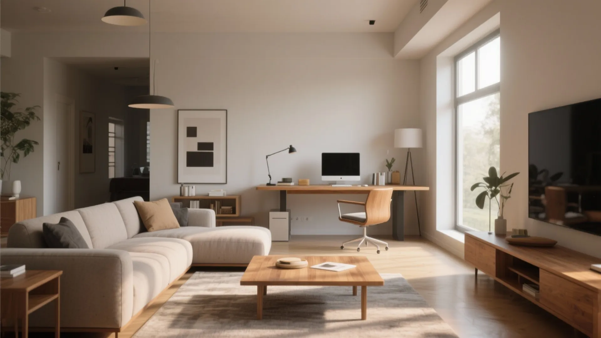 Open living room with white sofa wooden coffee table and desk workstation by large bright window