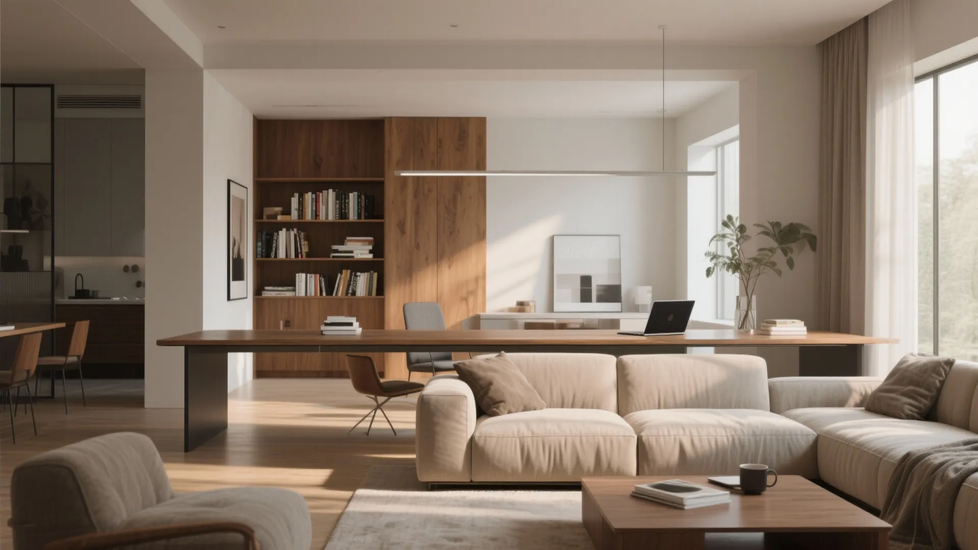 Modern living room featuring beige sofa and long wooden desk with laptop behind the seating