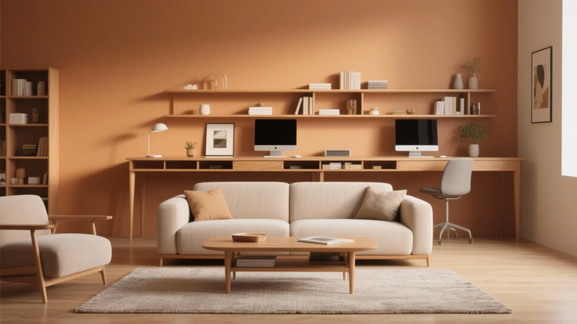 Console-style desk positioned behind sofa in modern living room