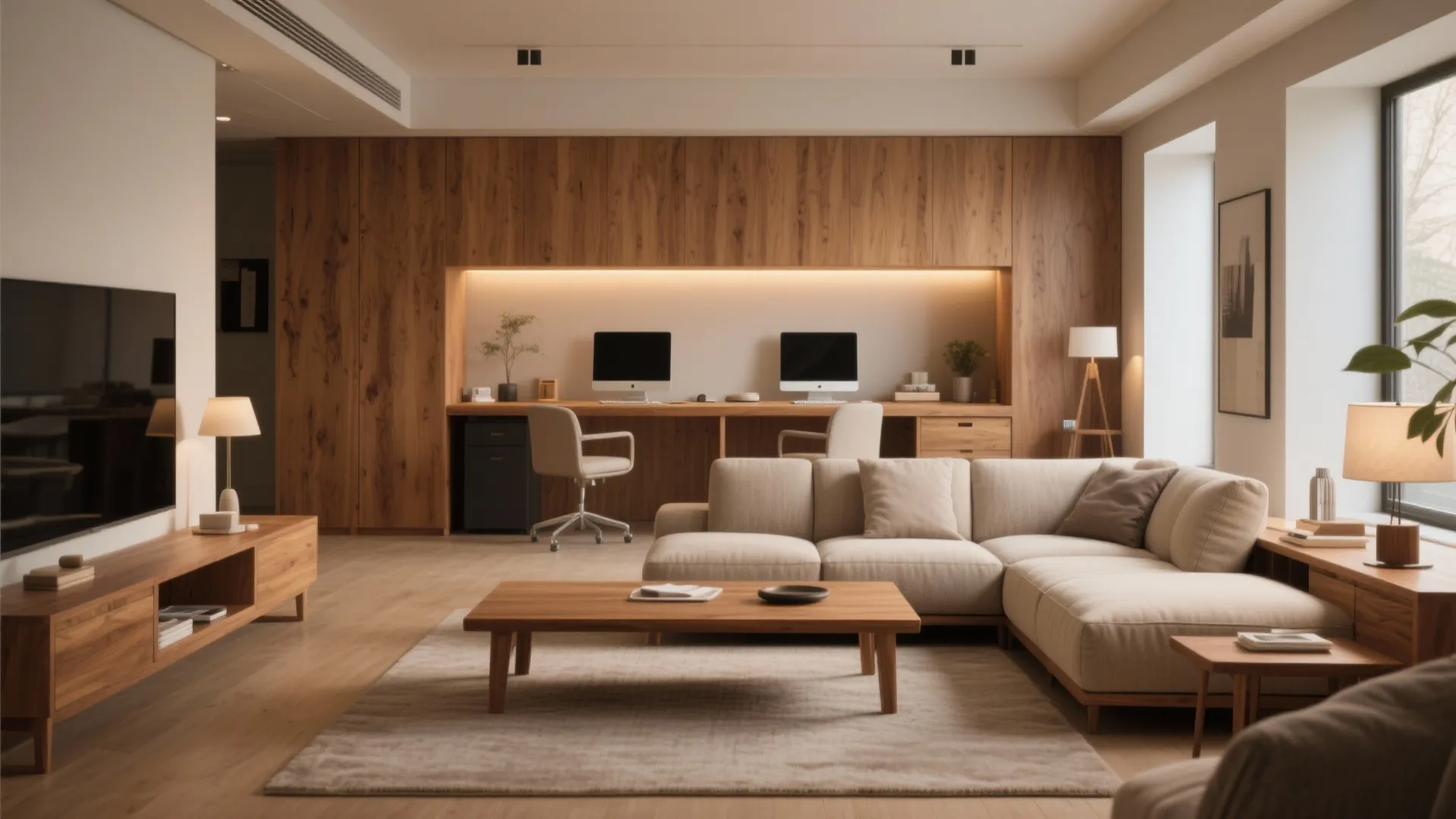 Oak desk positioned behind a sectional sofa in living room