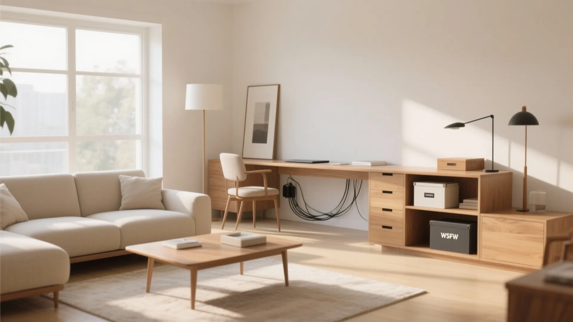 1. Floating Desks Behind the Sofa