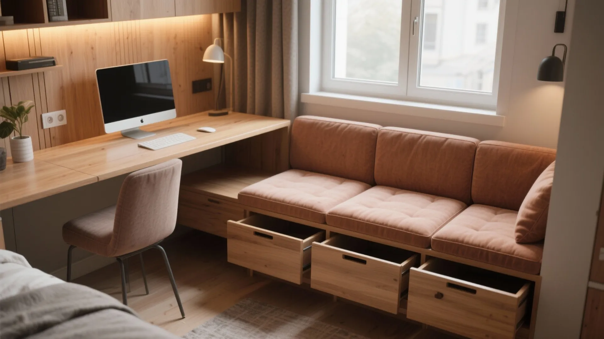 Desk-bench combo with built-in drawers