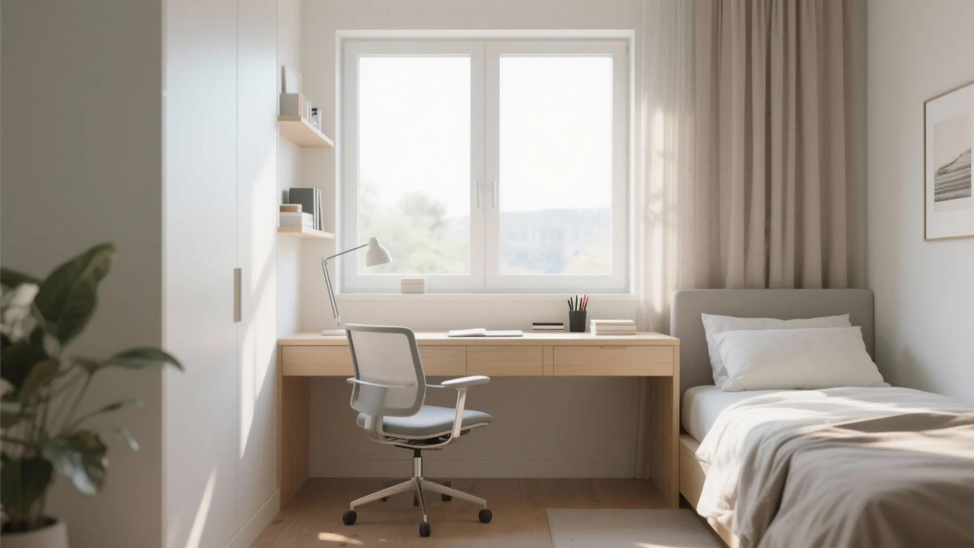 Minimalist study area in bedroom with wooden desk grey chair large window and white cabinet