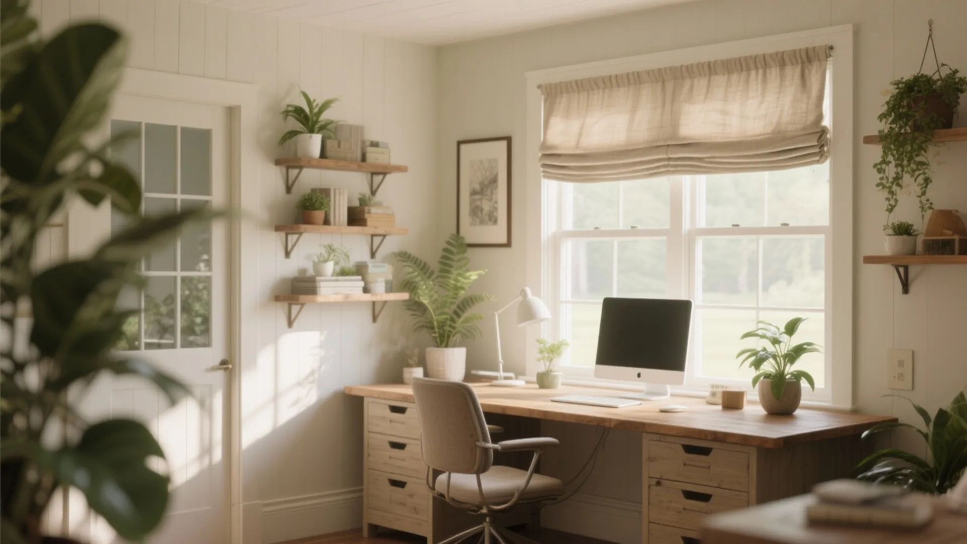 Bright home office with wooden desk under window and open wall shelves with many green plants