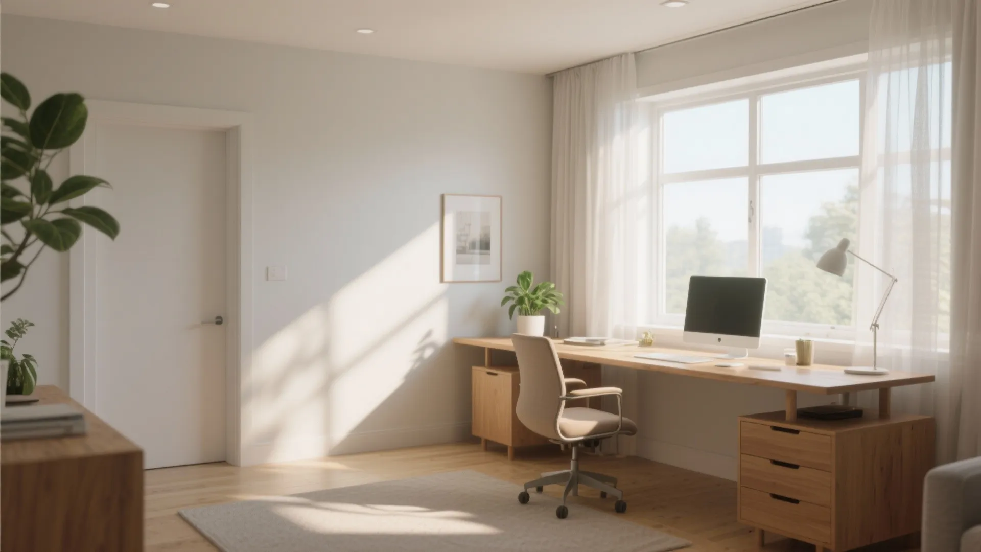 Bright home office with wooden desk by window white chair computer plant and natural sunlight