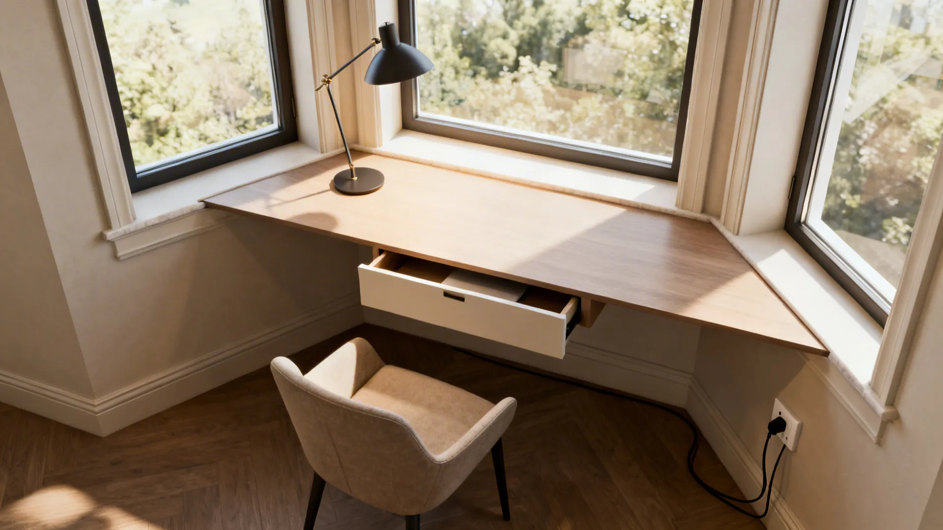 Wooden desk built into a window area with an open drawer black lamp and chair