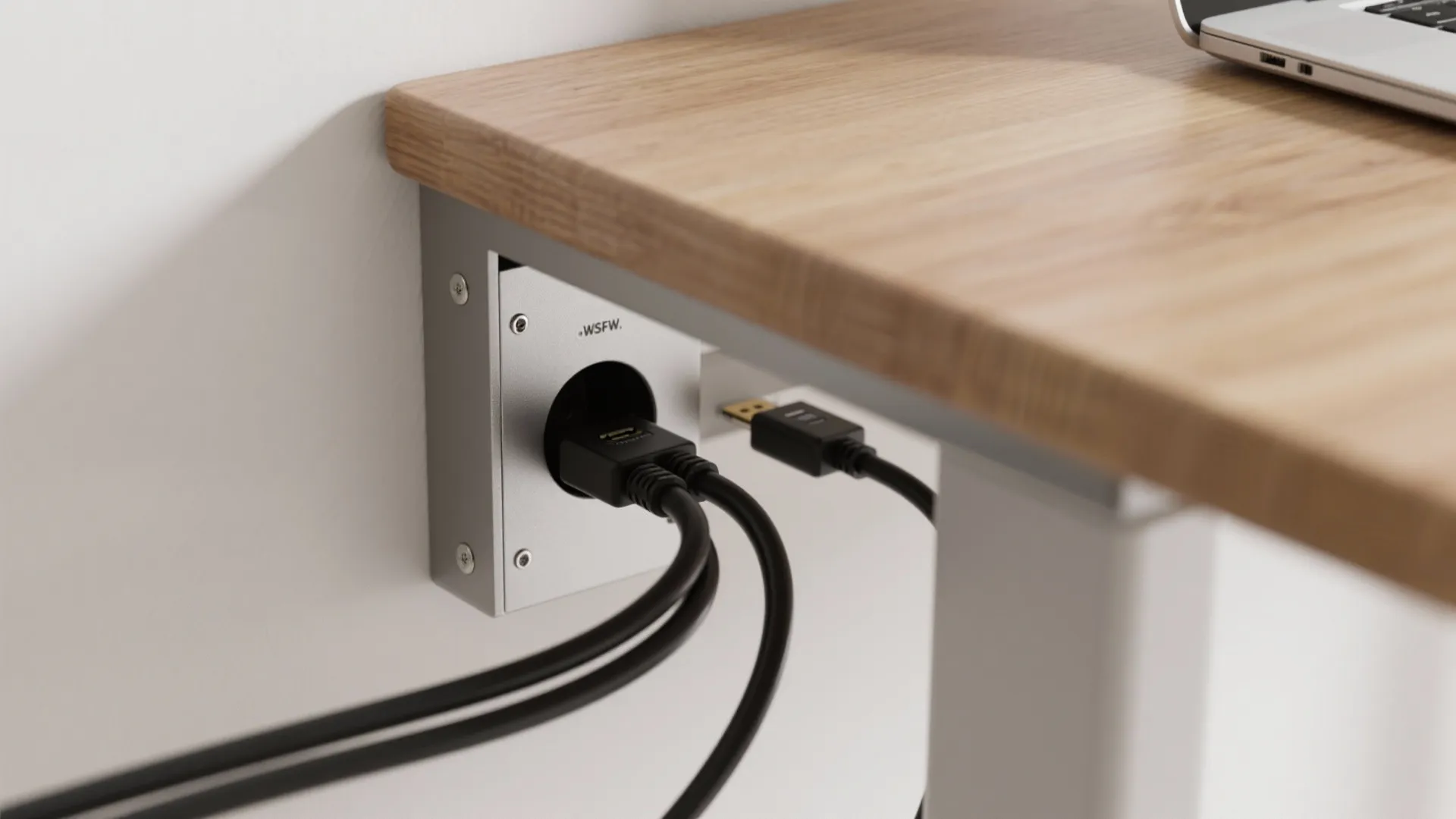 Close up of black power cables plugged into metal outlet under a wooden office desk