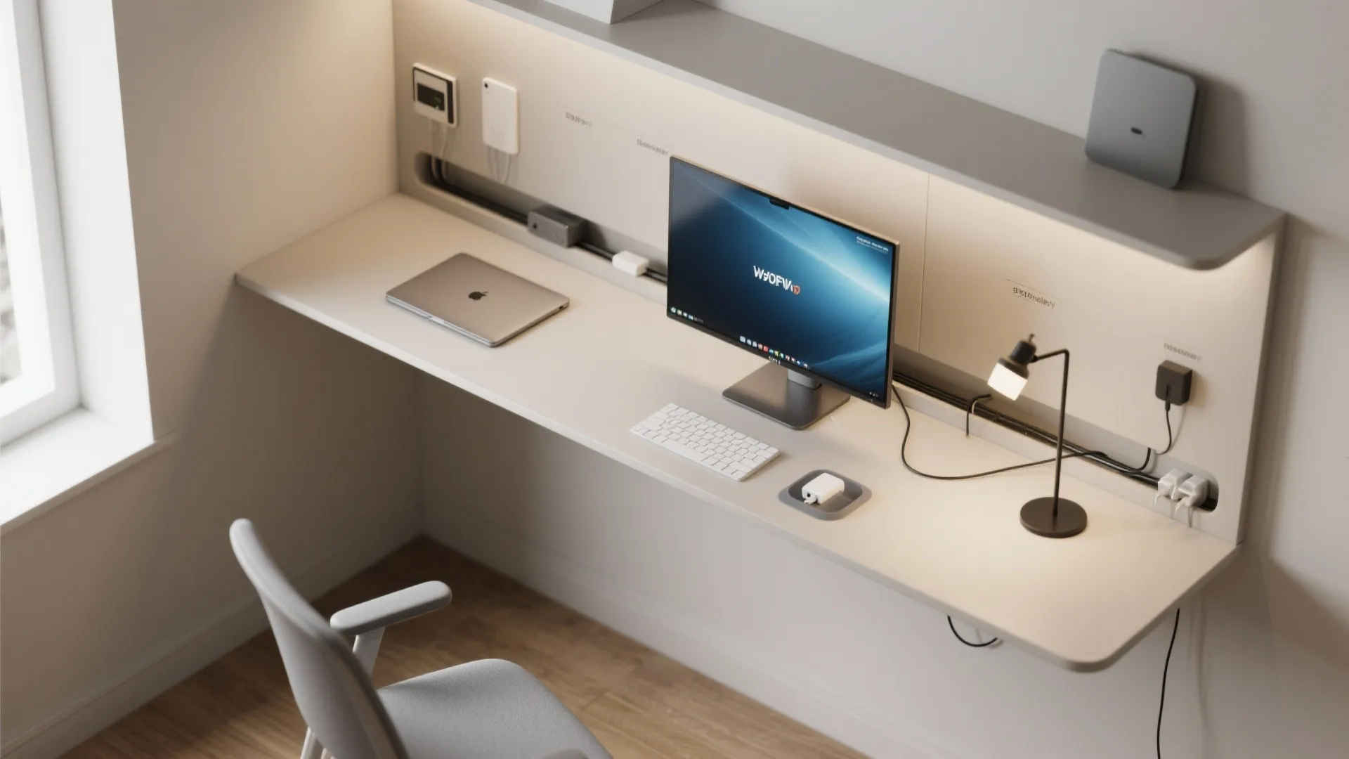 2) Wall-mounted desk + concealed cable lane