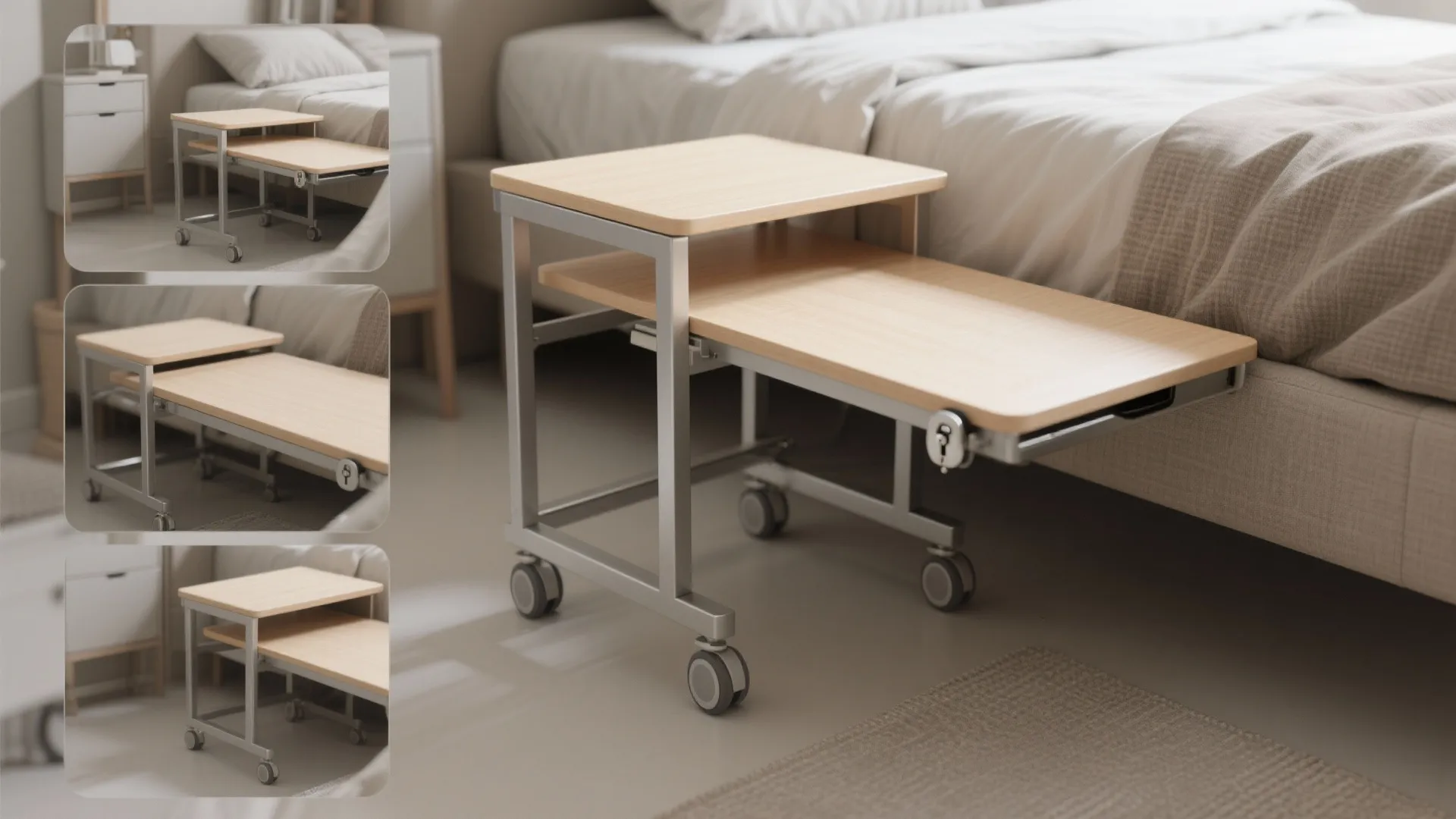 Top-down three-step sequence of a convertible desk-cart on casters being rolled out and locked into place next to a bed.
