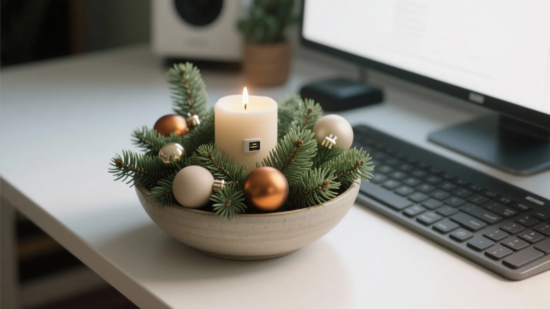 Small faux pine desk centerpiece in a bowl with neutral orbs and a battery candle placed to the desk side.