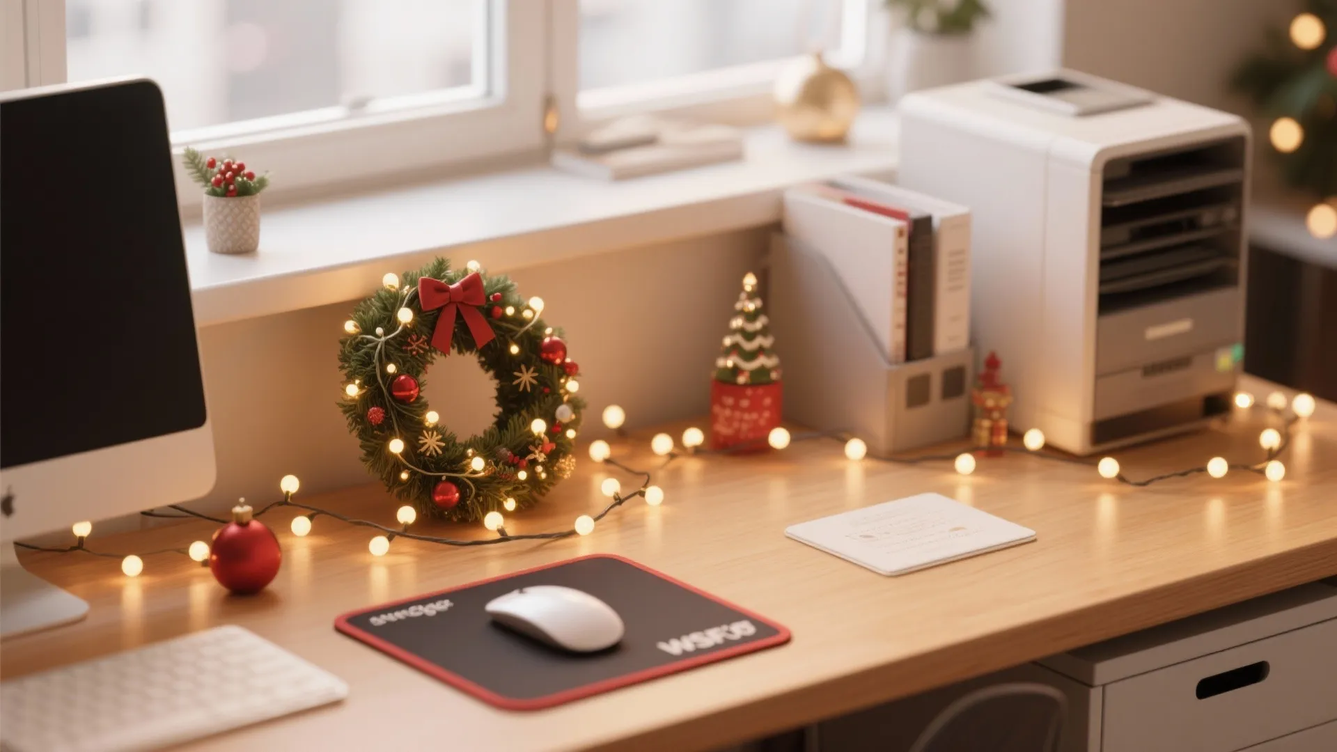 Wooden office desk decorated with Christmas wreath fairy lights computer mouse and small holiday ornaments