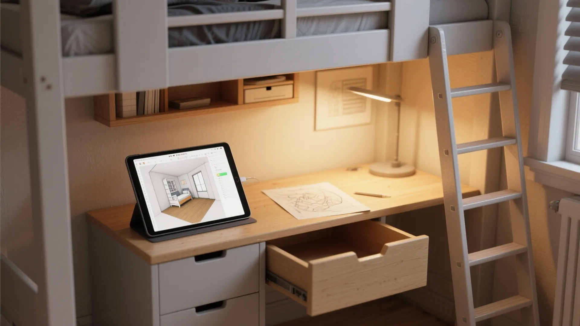 Floating desk under a bunk showing a drawer-ladder clash next to a tablet with a 3D mockup and paper sketch.
