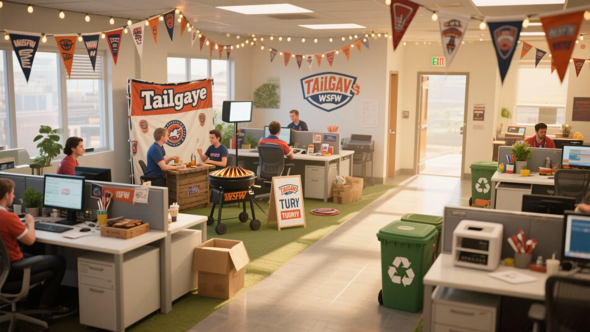 Office workspace decorated for a party with flags a grill desks chairs and recycle bins