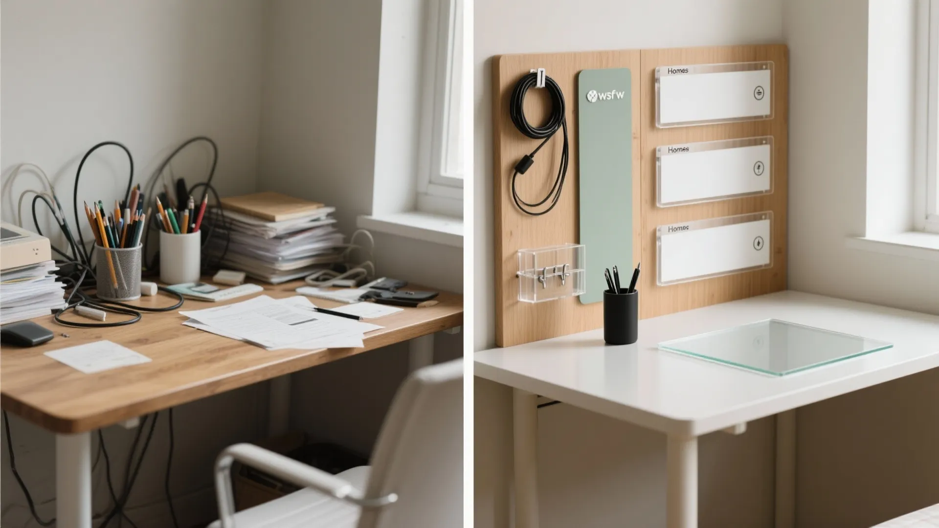 Before and after comparison of a messy wooden desk versus a clean organized white workspace