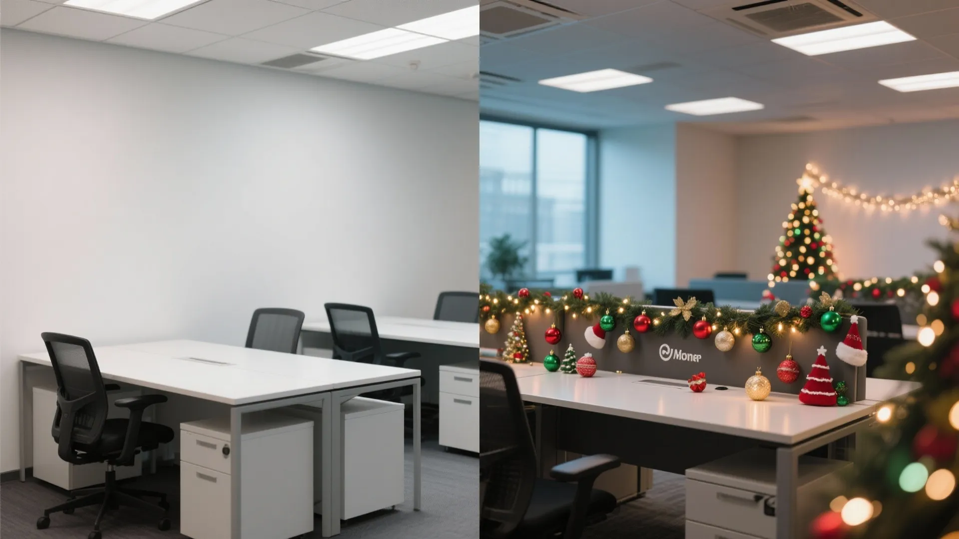 Before and after comparison of a plain office workstation transformed with festive holiday Christmas decorations