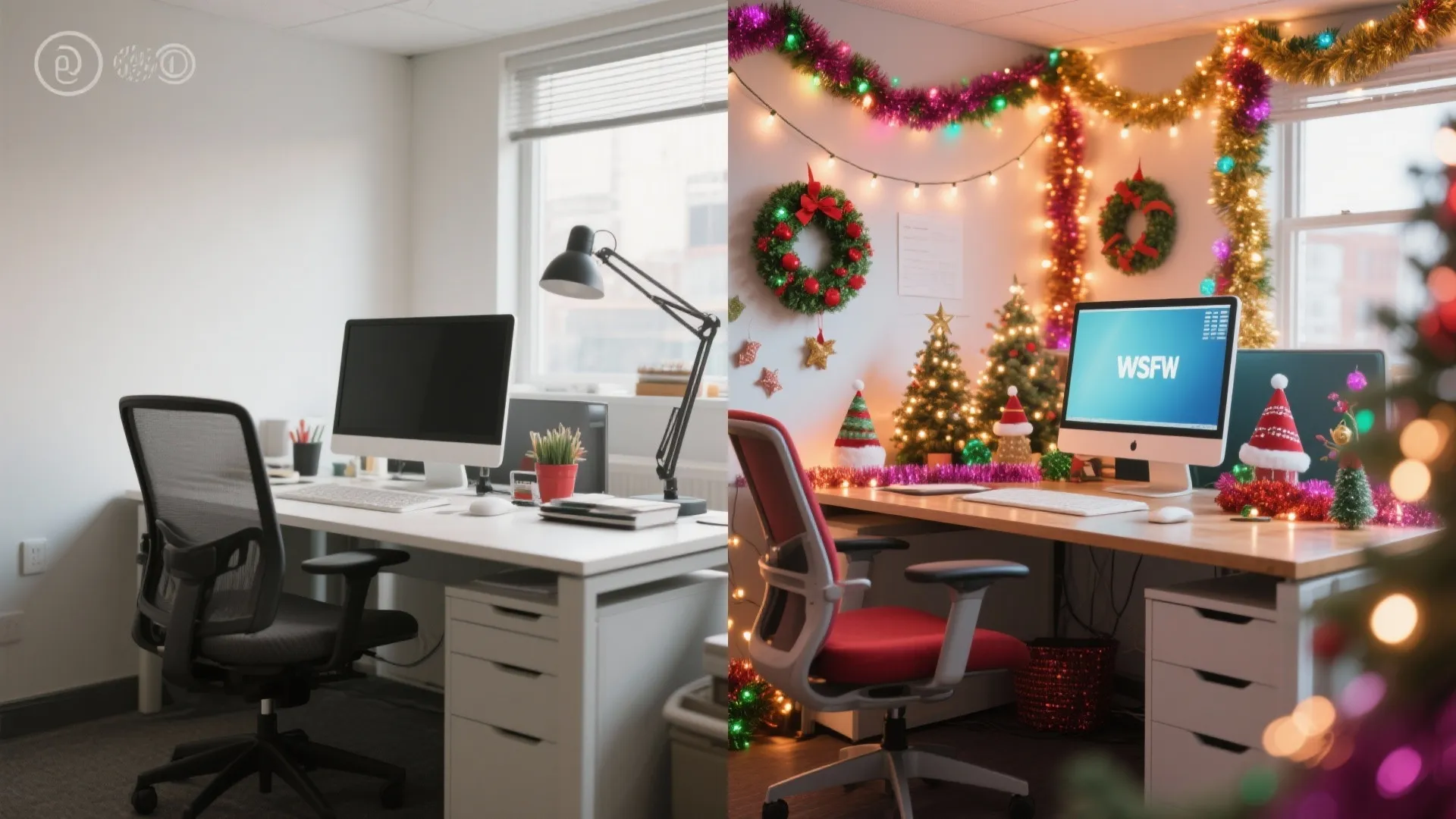 Side-by-side comparison of a plain white office desk and a desk with festive Christmas decorations