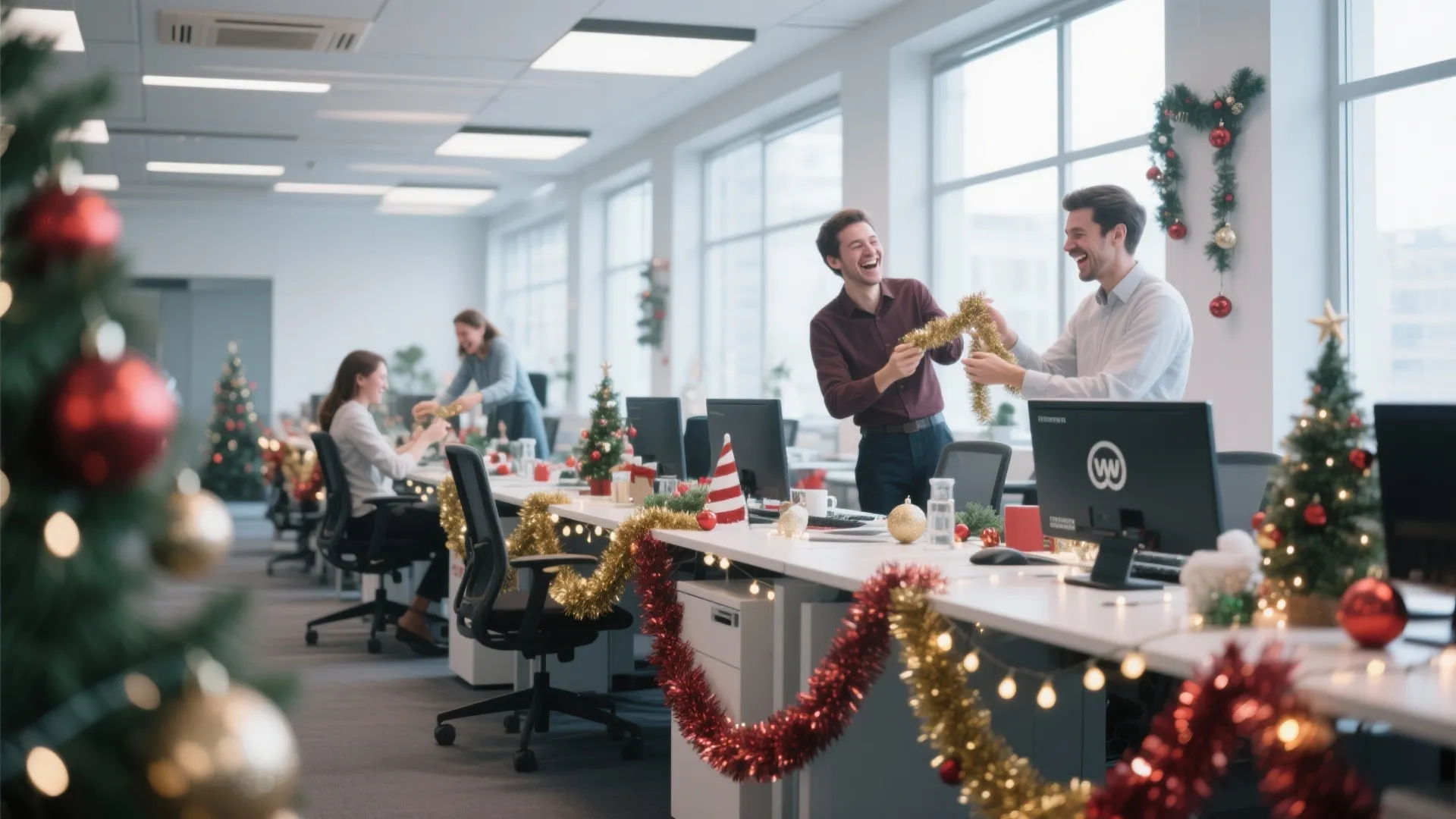 Office desks decorated with Christmas tinsel and ornaments
