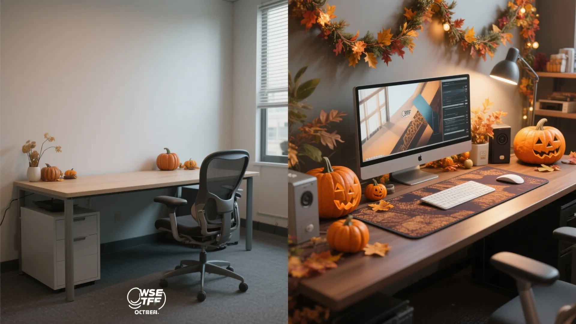 Before and after comparison of a simple office desk and a decorated Halloween themed workstation